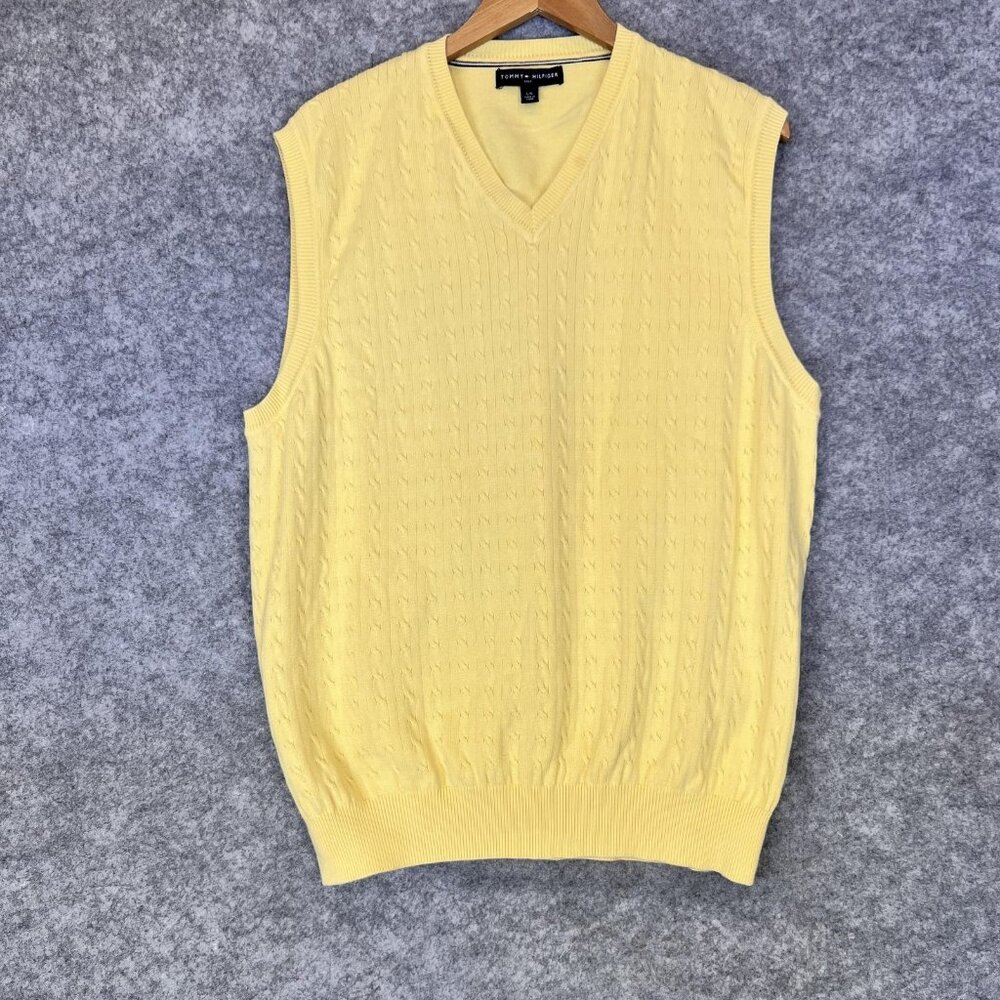 Tommy Hilfiger Men L Sweater Vest Yellow Cable Knit Pullover Classic Preppy Golf